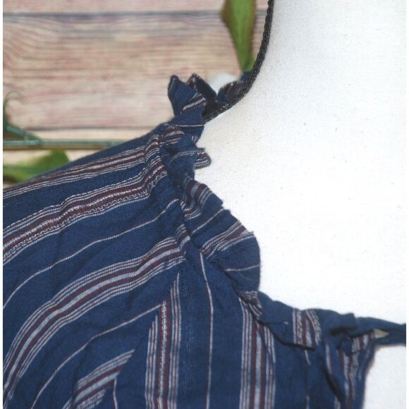 Wonderly Blue Striped Peplum Blouse Top Size L Ruffle Neckline Keyhole Neckline - Picture 3 of 11